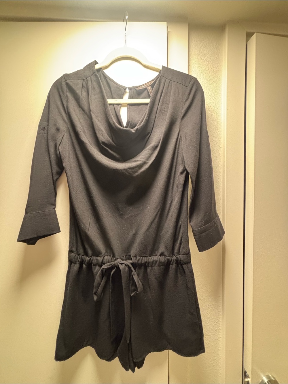 BCBGMaxAzria Black Backless Cowl-Neck Romper with Waist Tie